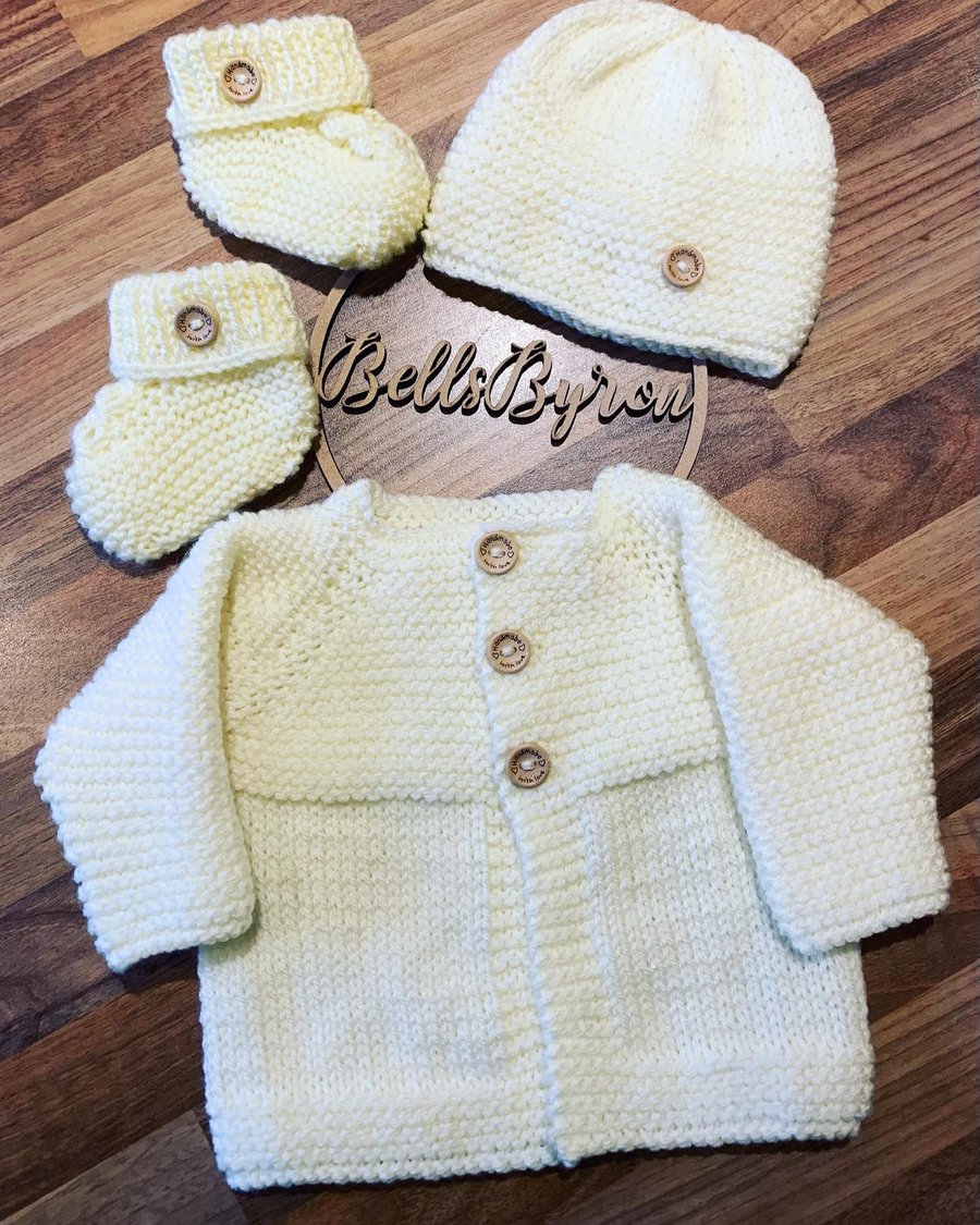 baby cardigan, hat & bootie set, boy or girl set, newborn size, hand knitted 
