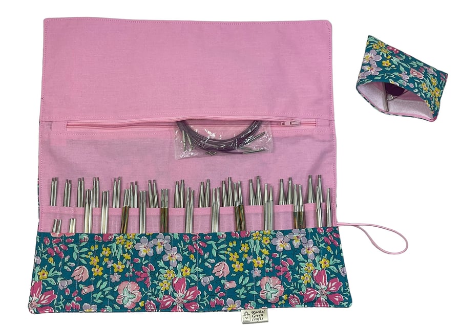 Interchangeable knitting needle case with Liberty floral fabric, addi pouch