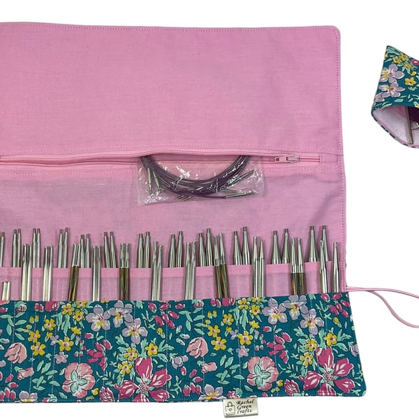 Interchangeable knitting needle case with Liberty floral fabric, addi pouch