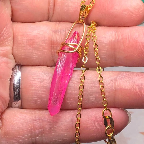 Hot pink Quartz wire wrap necklace
