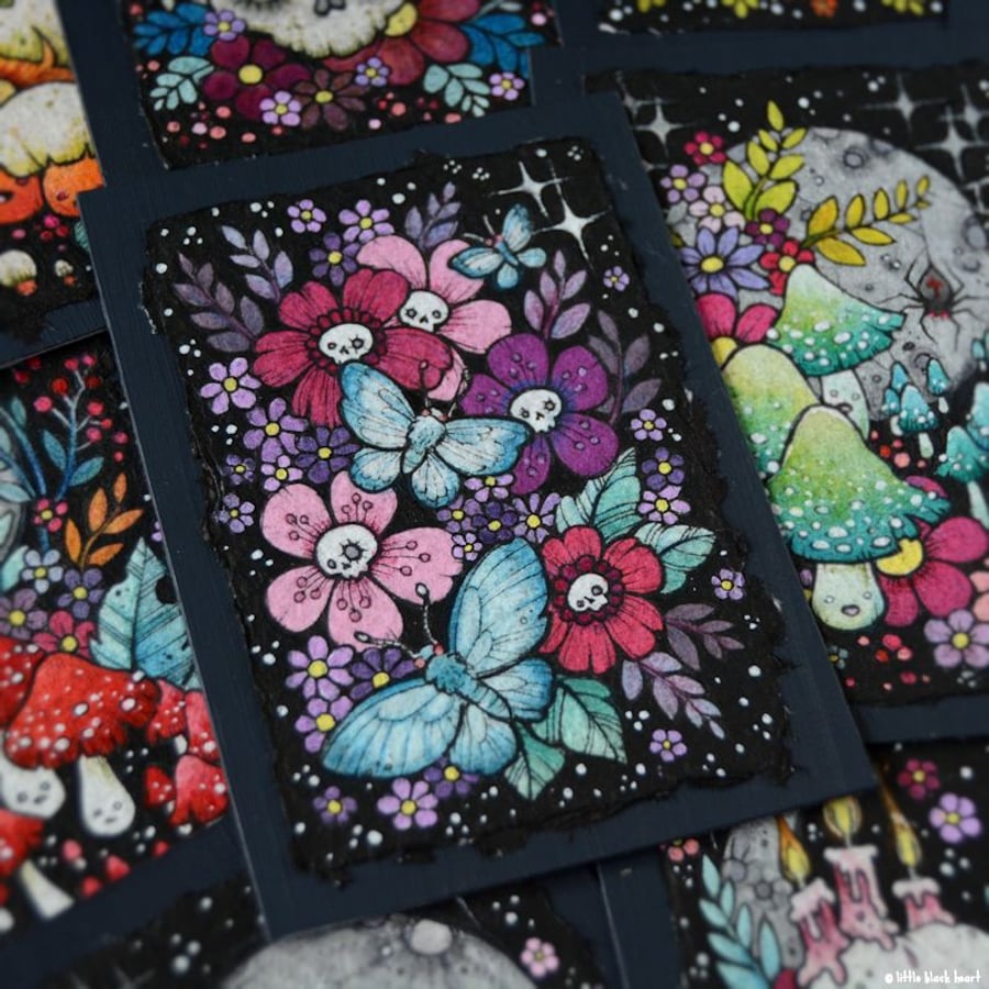 creepy cute skullflowers and moths - original aceo illustration