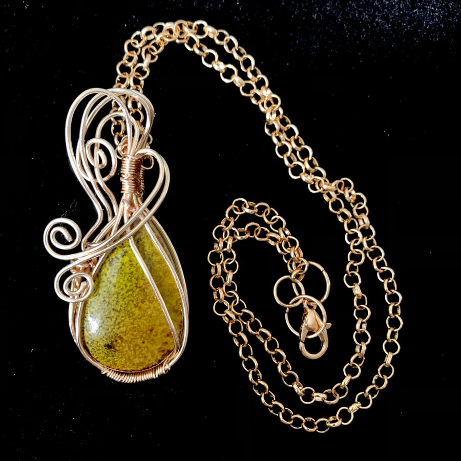 Ceramic Pendant, 16” Chain - Gift Boxed - Wire Wrapped in Gold P