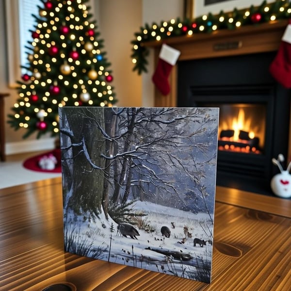 Winter Badger Christmas Card Woodland Snow Scene