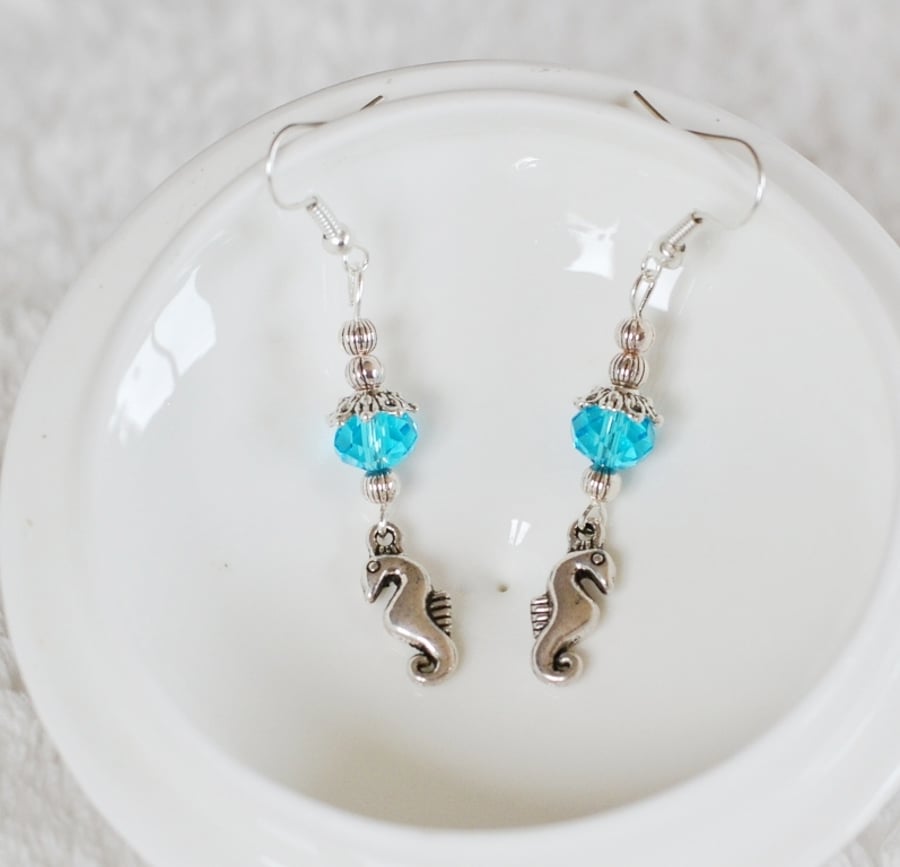 Seahorse and Blue Swarvoski Crystal Drop Earrings