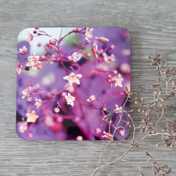 Coaster set - 4 mdf coasters - tableware - gift box - purple floral print. 