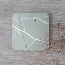 Sage green tree branch print mdf coasters, boxed set of 4.