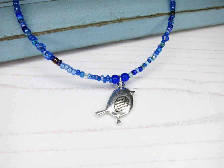 Seed Bead Necklace with Metal Bird Charm - Blue 