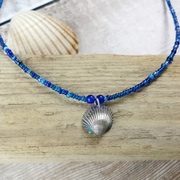 Seed Bead Necklace with a Silver Coated Cornish Cockle Shell - Blue Beads