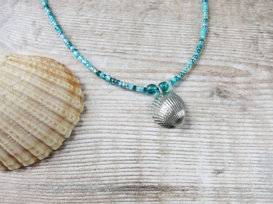 Seed Bead Necklace with a Silver Coated Cornish Cockle Shell - Turquoise Beads
