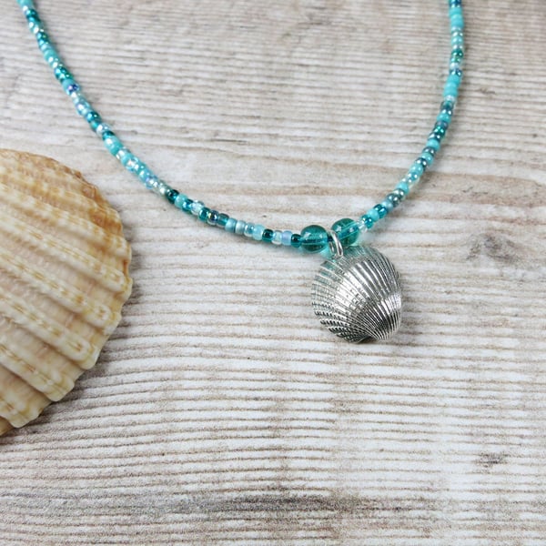 Seed Bead Necklace with a Silver Coated Cornish Cockle Shell - Turquoise Beads