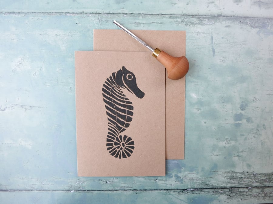Seahorse Lino Print on an Eco Friendly Greetings Card
