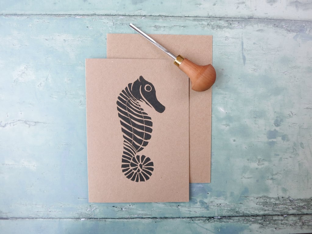 Seahorse Lino Print on an Eco Friendly Greetings Card