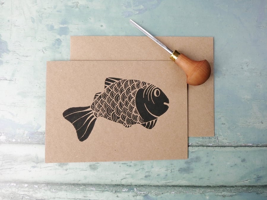Fish Lino Print on an Eco Friendly Greetings Card