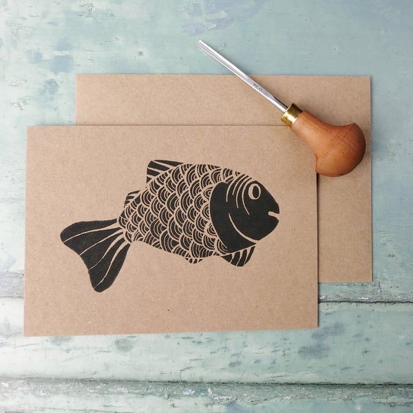 Fish Lino Print on an Eco Friendly Greetings Card