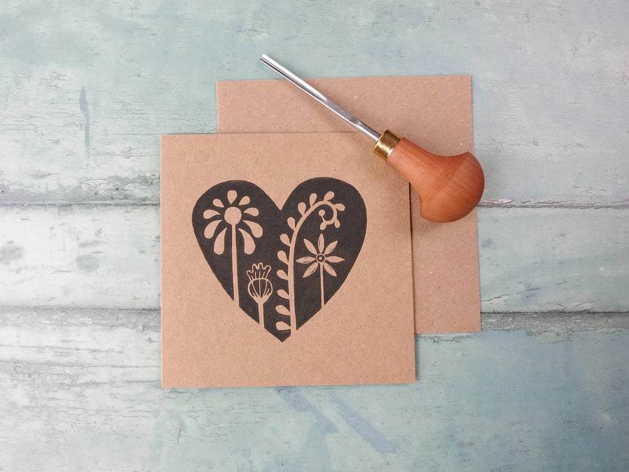 Floral Heart Lino Print on an Eco Friendly Greetings Card