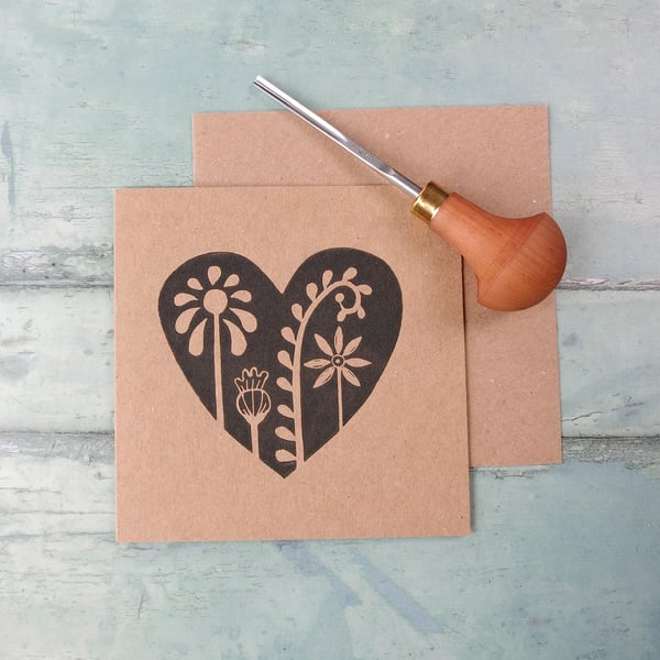 Floral Heart Lino Print on an Eco Friendly Greetings Card