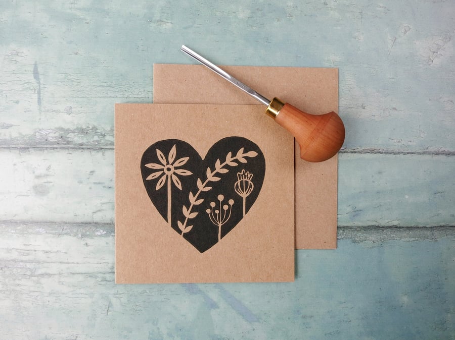 Floral Heart Lino Print on an Eco Friendly Greetings Card