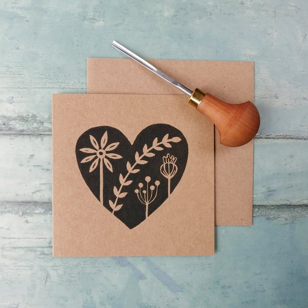 Floral Heart Lino Print on an Eco Friendly Greetings Card