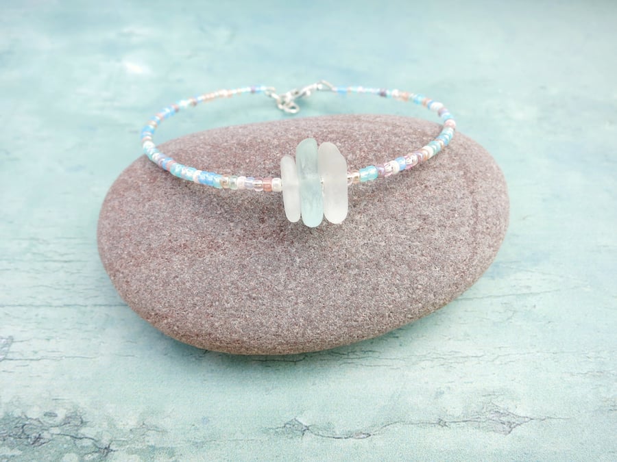 Cornish Sea Glass Bracelet with Pastel Mix Seed Beads - White Shades