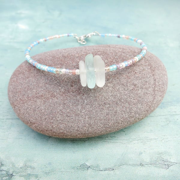 Cornish Sea Glass Bracelet with Pastel Mix Seed Beads - White Shades