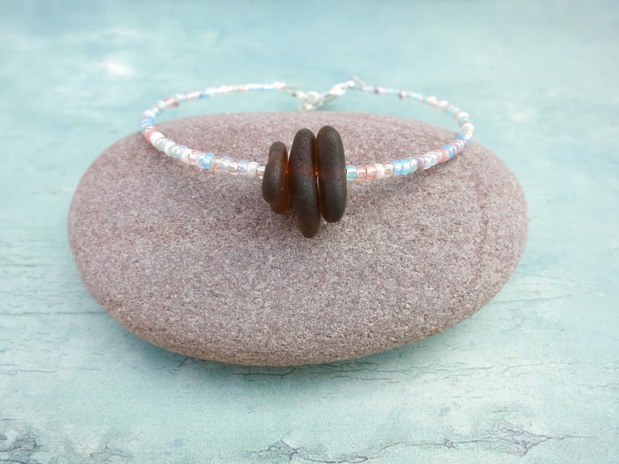 Cornish Sea Glass Bracelet with Pastel Mix Seed Beads - Burnt Orange