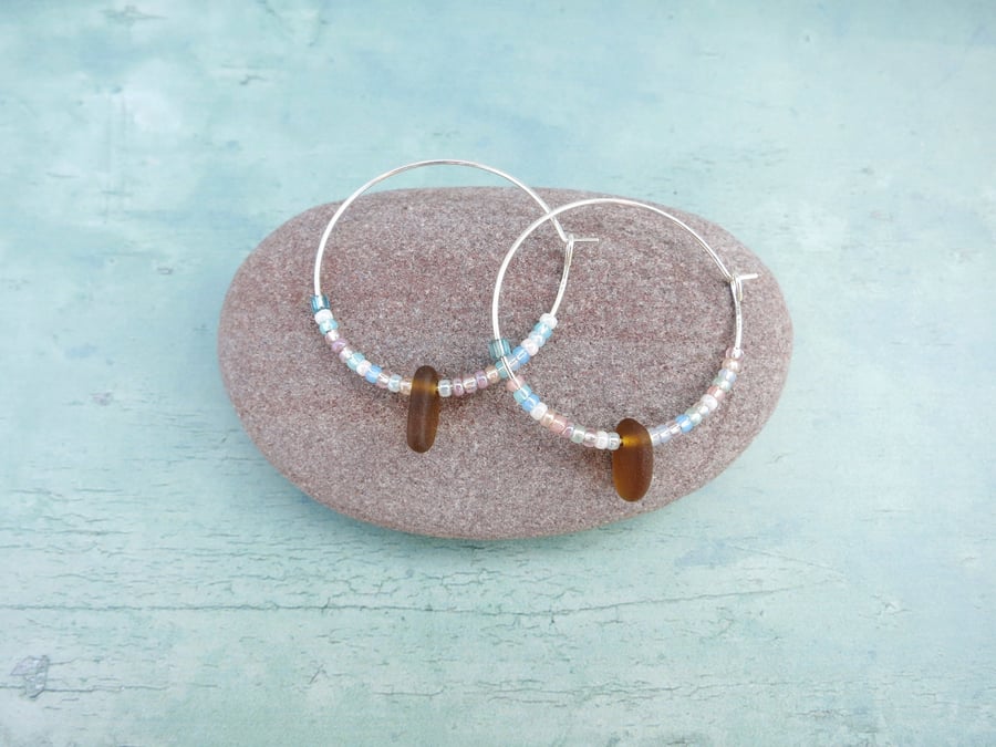 Cornish Sea Glass Hoop Earrings with Pastel Mix Seed Beads - 30mm 