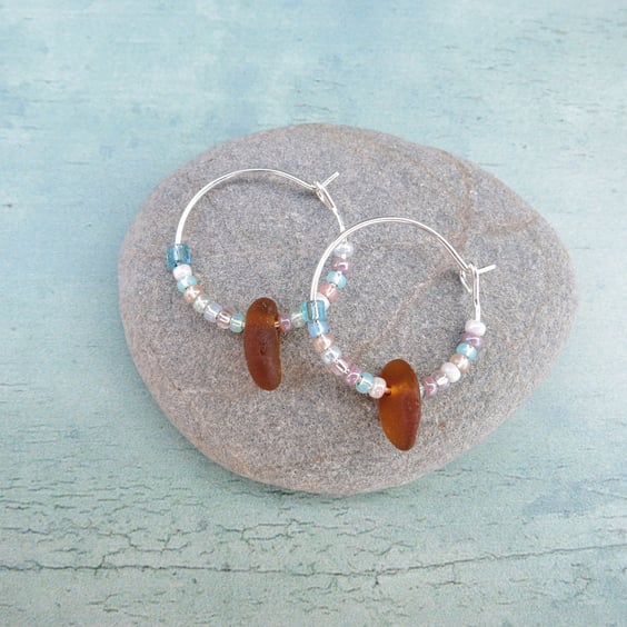 Cornish Sea Glass Hoop Earrings with Pastel Mix Seed Beads - 18mm 