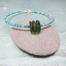 Cornish Sea Glass Bracelet with Turquoise Mix Seed Beads - Green Shades