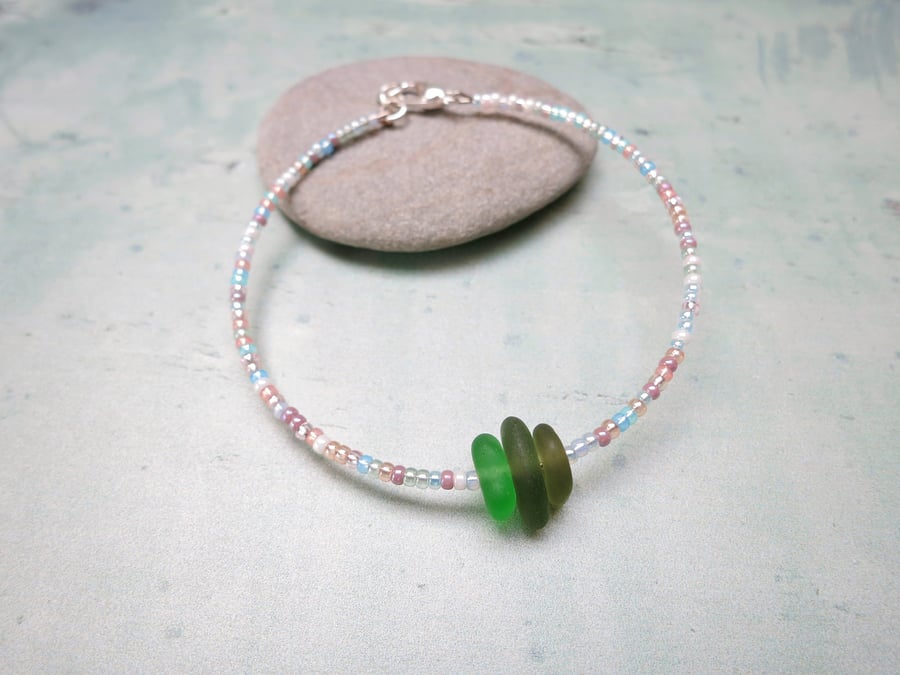 Cornish Sea Glass Bracelet with Pastel Mix Seed Beads - Green Shades