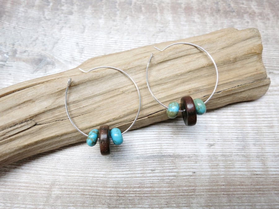 Turquoise Stone and Wooden Beads on Sterling Silver 30mm Hoop Earrings 