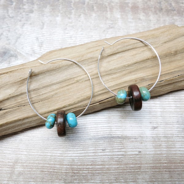 Turquoise Stone and Wooden Beads on Sterling Silver 30mm Hoop Earrings 