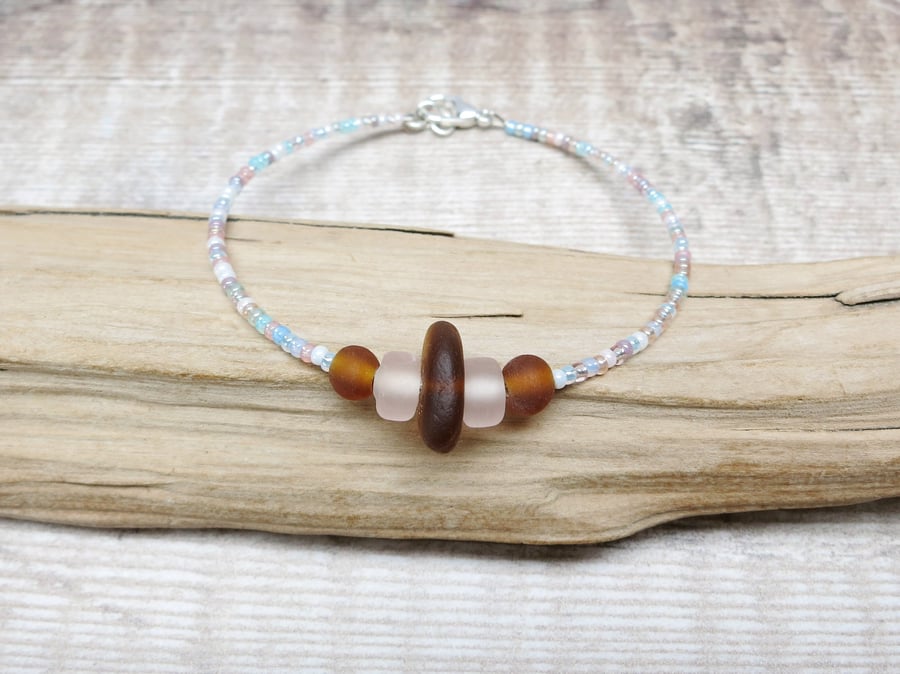 Burnt Orange Cornish Sea Glass Bracelet with Pastel Mix Seed Beads 
