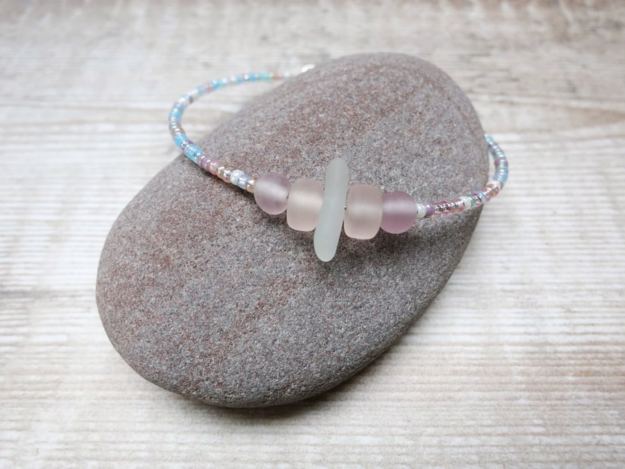 White Cornish Sea Glass Bracelet with Pastel Mix Seed Beads 