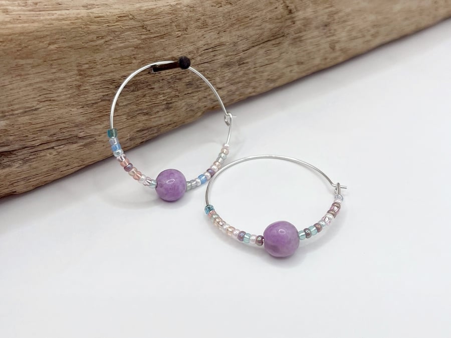 Sterling Silver Hoop Earrings with Lilac Jasper Stone and Pastel Mix Seed Beads 