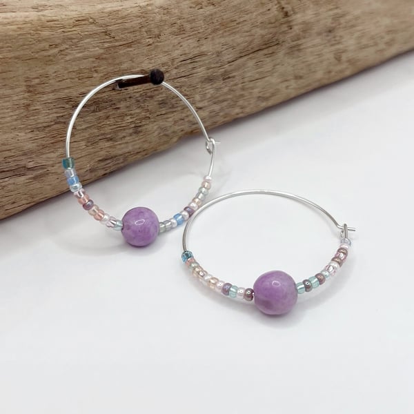 Sterling Silver Hoop Earrings with Lilac Jasper Stone and Pastel Mix Seed Beads 