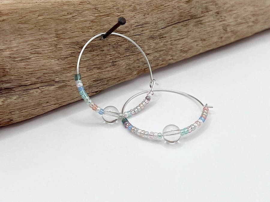 Sterling Silver Hoop Earrings with Crystal Bead and Pastel Mix Seed Beads - 30mm