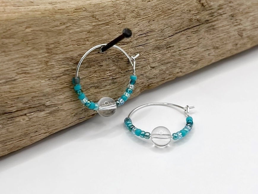 Sterling Silver Hoops with Crystal Bead and Turquoise Mix Seed Beads - 18mm
