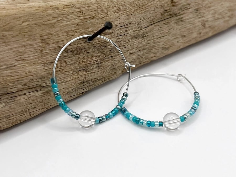 Sterling Silver Hoops with Crystal Bead and Turquoise Mix Seed Beads - 30mm