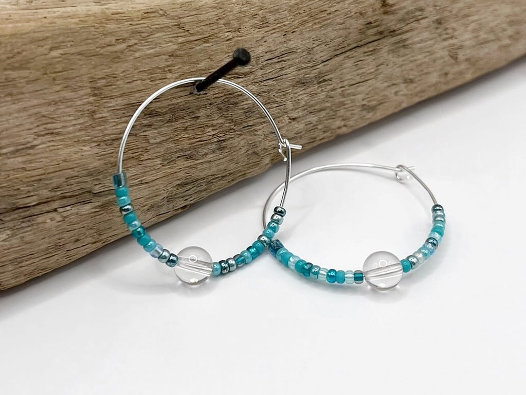 Sterling Silver Hoops with Crystal Bead and Turquoise Mix Seed Beads - 30mm