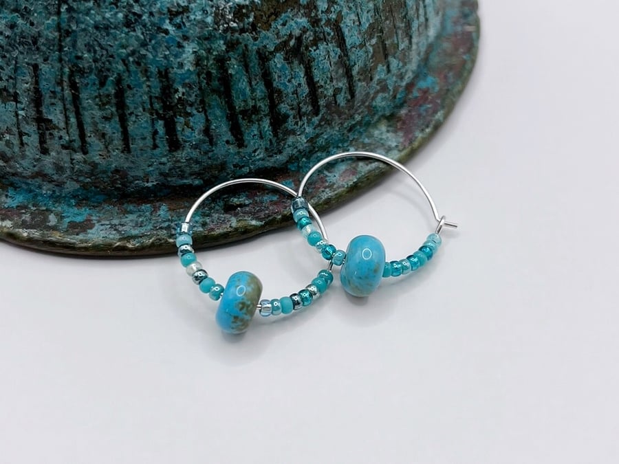 Sterling Silver Hoops with Turquoise Bead and Turquoise Mix Seed Beads - 18mm