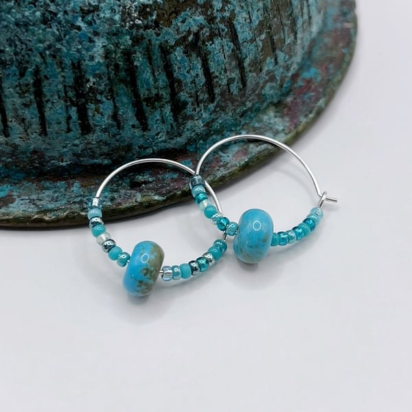 Sterling Silver Hoops with Turquoise Bead and Turquoise Mix Seed Beads - 18mm