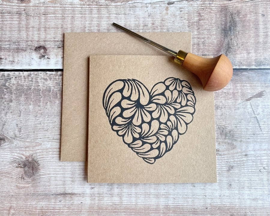 Heart Lino Print on an Eco Friendly Greetings Card