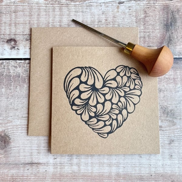 Heart Lino Print on an Eco Friendly Greetings Card