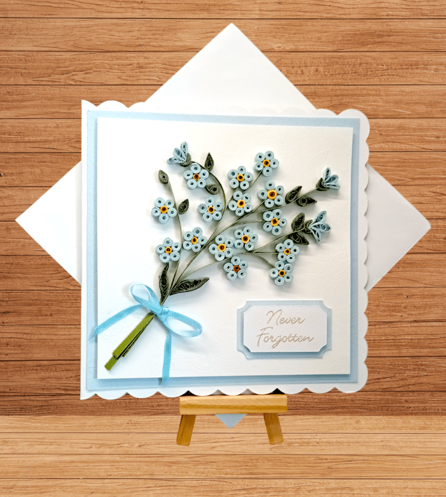 Delicate quilled Forget-me-not  'never forgotten' sympathy card