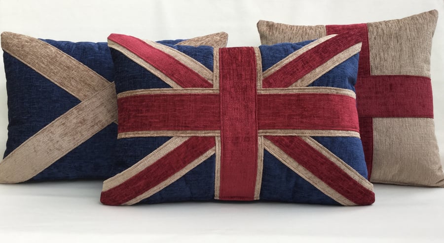 A vintage collection of Union cushions. Union Jack,George cross,Solitaire  