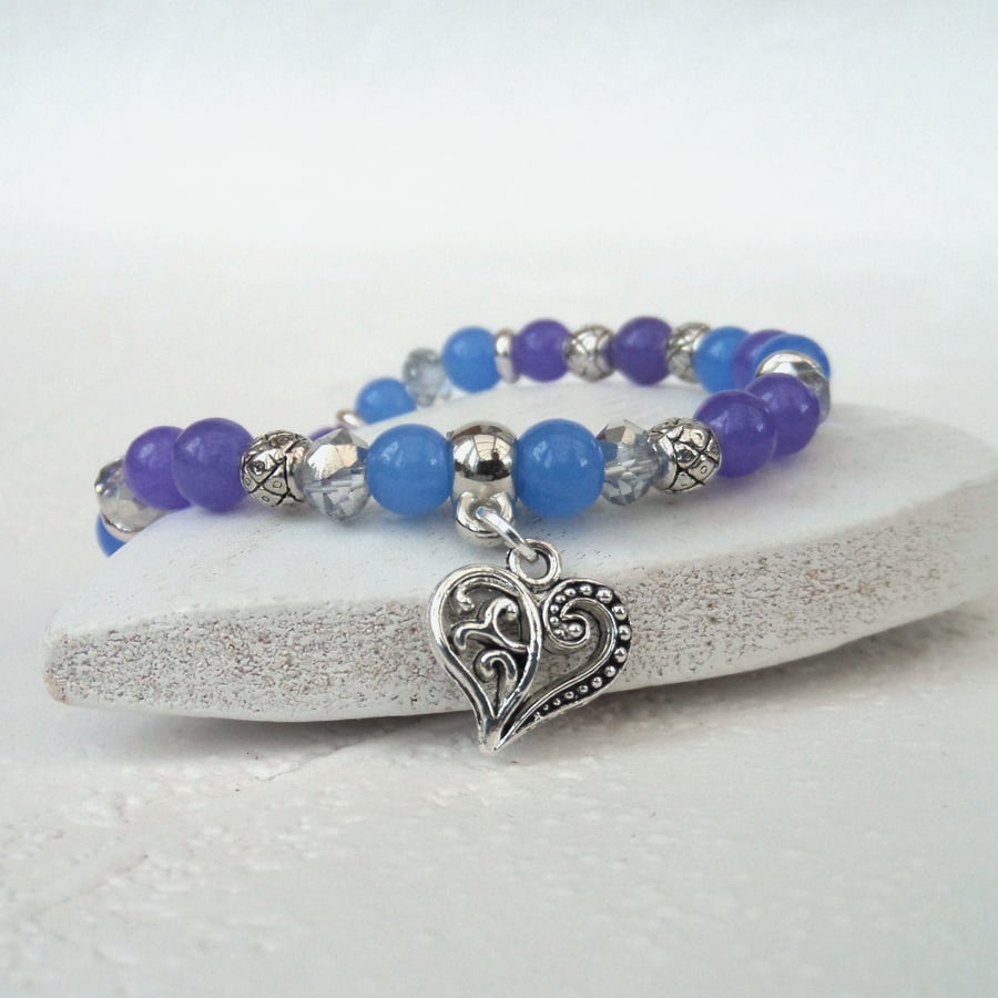 Purple and blue stretchy bracelet, with heart embellishment