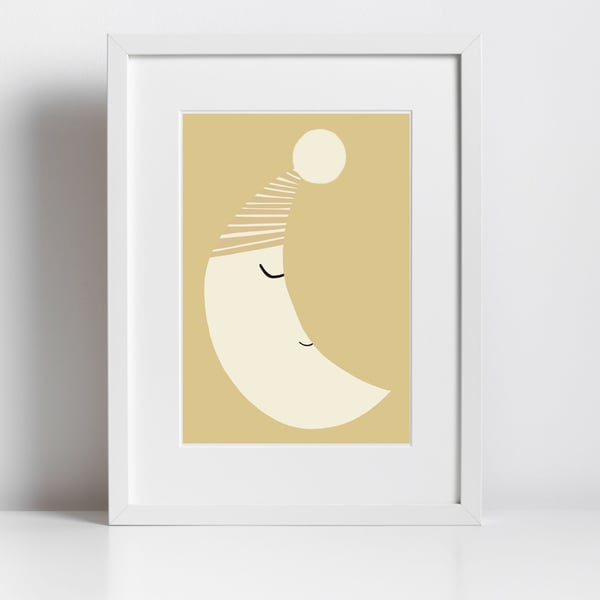 FRAMED A4 Poster Print - Sleepy Moon illustration - nursery wall art