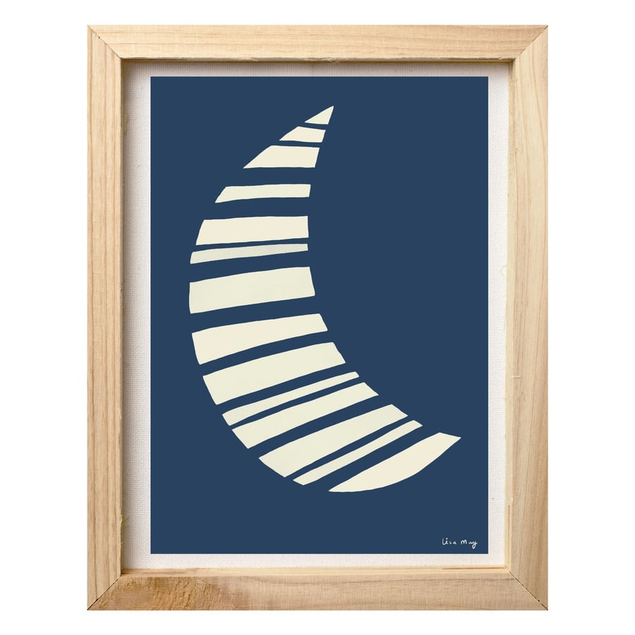 Dark blue A4 digital nursery art print - Stripy Moon Illustration