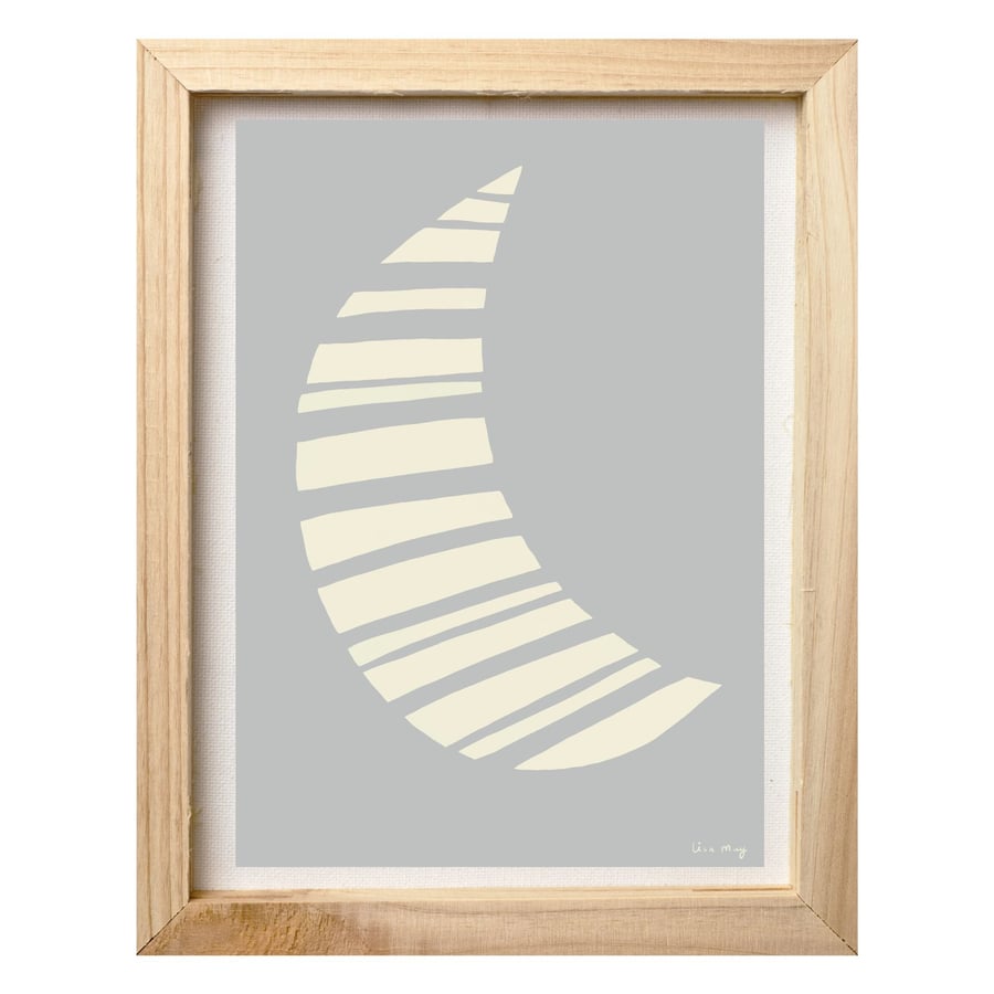 Light grey A4 digital nursery art print - Stripy Moon Illustration