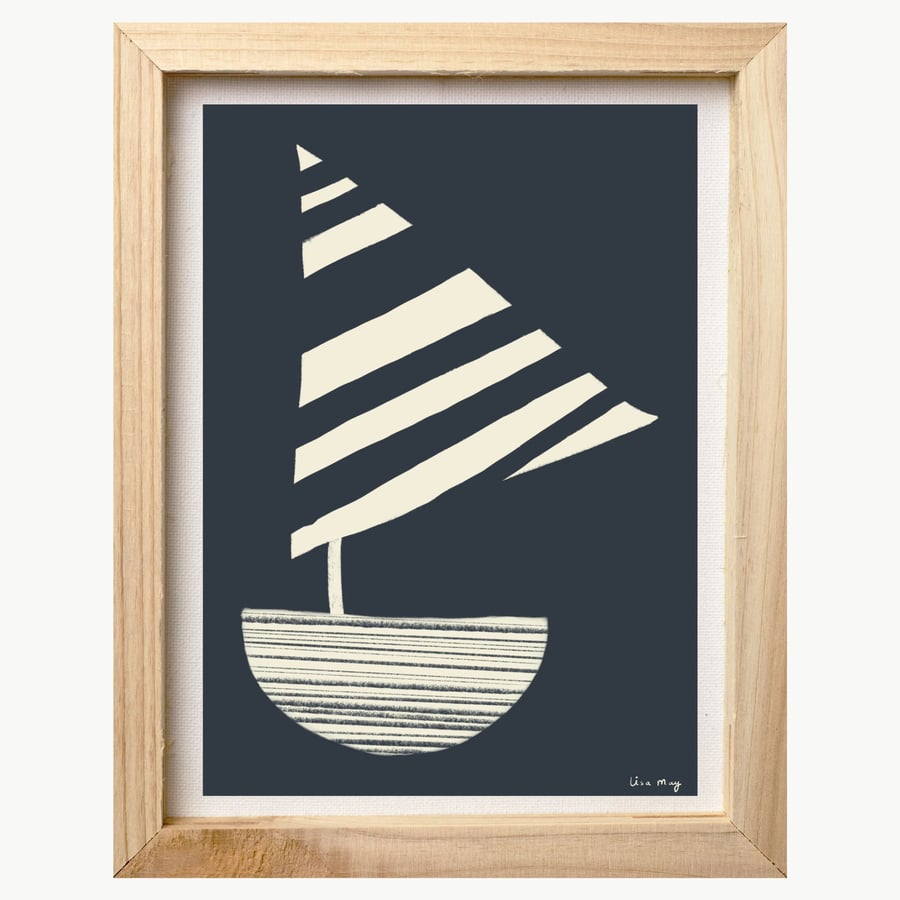 Charcoal grey A4 digital nursery art print - Stripy Sailing Boat Illustration 